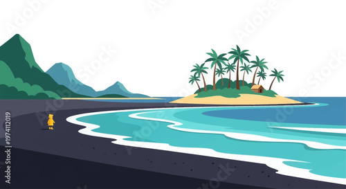 Tropical island landscape with a lone figure a striking silhouette on transparent background