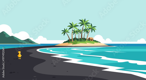 Tropical island scene with a lone figure on a black sand beach silhouette on transparent