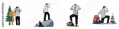 Set of illustrations depicting a male hiker wearing outdoor gear and a headlamp in various mountain trekking scenarios.