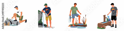 Flat vector illustrations of men collecting fresh drinking water from various natural springs and sources during hiking and camping trips.