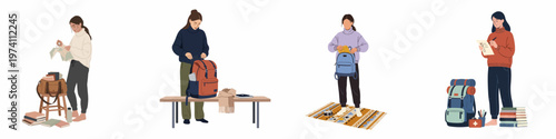 Illustration set showing young women packing backpacks, reading maps, and checking lists to prepare for their next travel adventure and outdoor journey.