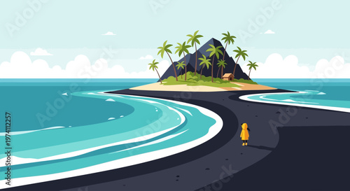 Tropical island with a lone figure beautiful scenery on transparent background silhouette