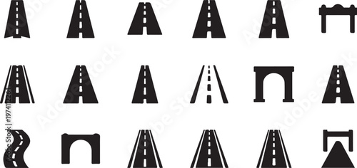 Various Roadway and Highway Lane Configurations Icons Set