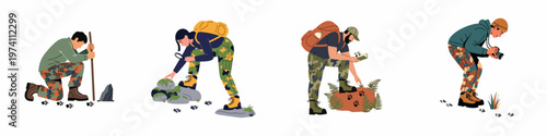 Set of people exploring nature, tracking animal footprints and signs in camouflage clothing for wildlife study and outdoor adventure illustration.