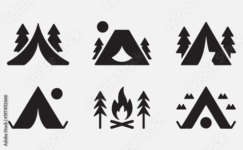  camping icons set including tent, trees, campfire, and mountains isolated on transparent background