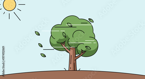 Autumn tree losing leaves under bright sunlight in minimalist landscape illustration