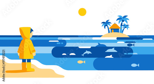 Boy in yellow raincoat looks at tropical island on transparent background silhouette