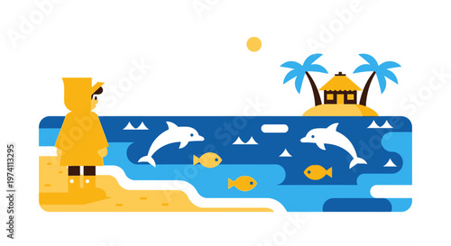 Child watching dolphins swim near a tropical island on transparent background silhouette