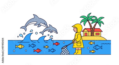 Child with fishing net observing dolphins and tropical beach silhouette on transparent background