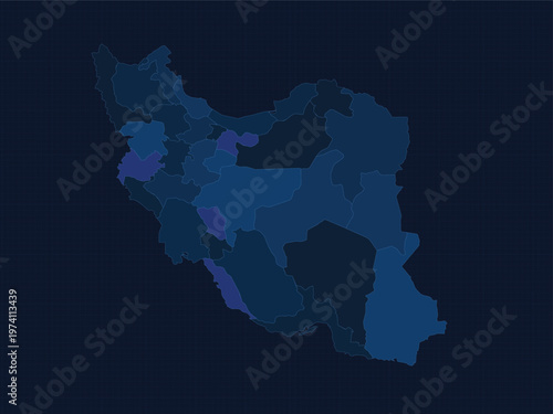 Iran map blueprint style regions provinces technical grid blue illustration