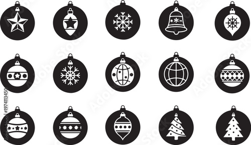 Christmas Ornaments Icons Set in Black and White