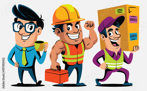  Three cartoon workers in different professions isolated on transparent background