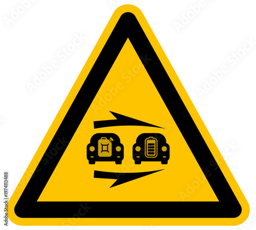 Señal de advertencia de transición de vehículos de combustión a coches eléctricos movilidad sostenible ilustración vectorial