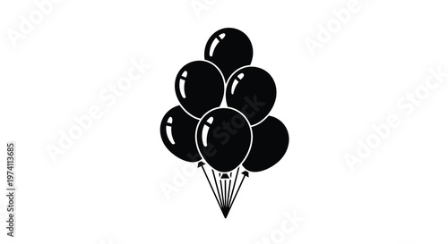 A cluster of black balloons tied together with strings a simple graphic