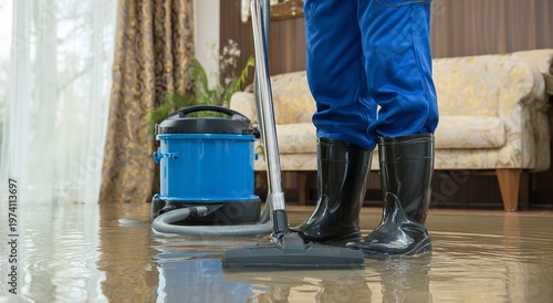 Person wearing blue work coveralls and black rubber boots uses a professional vacuum cleaner to remove standing water from a flooded residential floor
