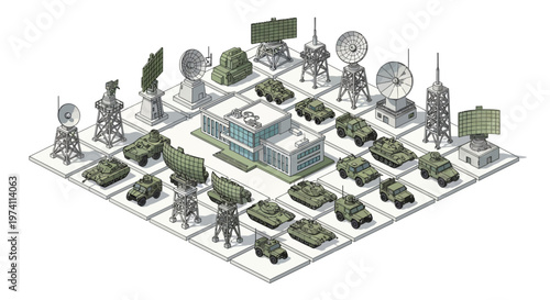 A 3D isometric military illustration showcases a strategic army base with various tanks, radar installations, and military vehicles arranged on a grid, rendered with precise detail