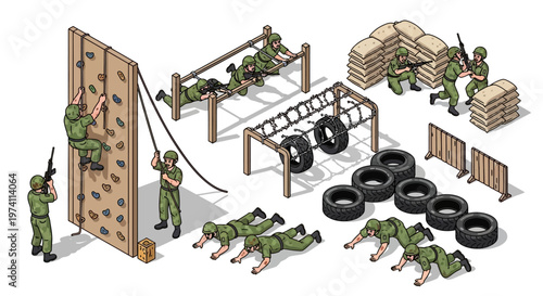 Isometric vector illustration presents a military obstacle course where soldiers in green uniforms are training by climbing a wall, crawling under barbed wire, and scaling tire obstacles