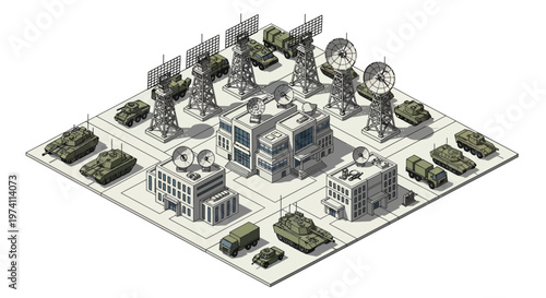 Isometric 3D rendering shows a military base design with vehicles and infrastructure, set against a plain white background to highlight the strategic planning of the army camp