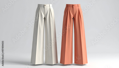 Two pairs of high-waisted, wide-leg trousers, one cream, one coral, against a gray background