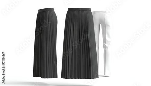 Three diverse, elegant women's trousers two pleated and black, one white, a fashion display