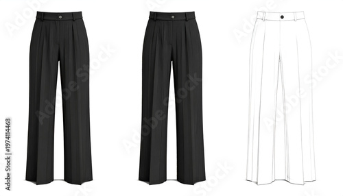 Three images two black & one white illustration of high-waisted, wide-leg trousers