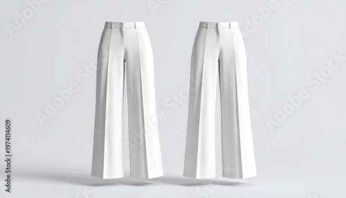 Two white, high-waisted, wide-leg trousers float against a soft gray background