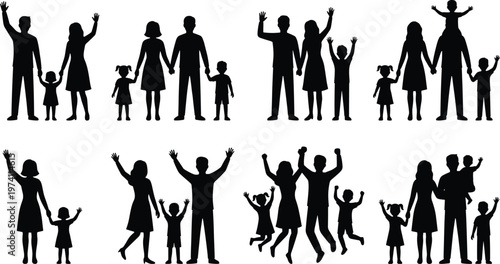 Collection of family silhouettes with parents and children waving and jumping together, isolated vector illustrations for happy community and togetherness concepts