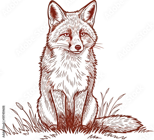 Red fox sitting in grass with alert expression on face looking forward