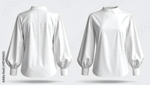 Two views of a sleek white women's blouse with a high collar and billowing sleeves