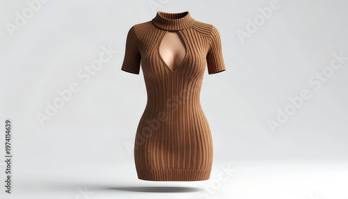 A brown knitted sheath dress with a keyhole neckline, set against a white backdrop