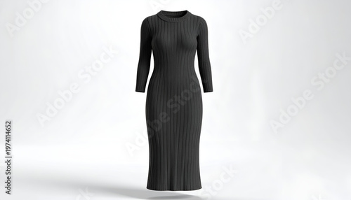 A body-hugging, floor-length, ribbed knit dress in a dark shade, floating in a studio