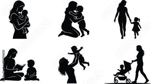 Silhouette collection of a mother and child bonding through hugging, walking, reading, playing, and strolling, representing maternal love and parenting.