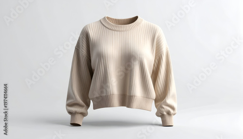 A neutral-toned ribbed knit sweater, displayed on a clean white backdrop, isolated