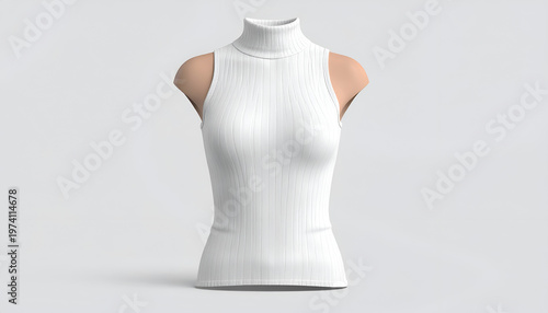 A sleeveless, ribbed, white turtleneck top displayed on a mannequin, against a neutral backdrop