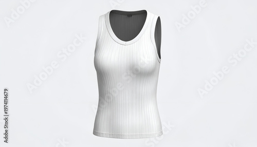 3D rendered white ribbed tank top, slightly angled, on a light grey background