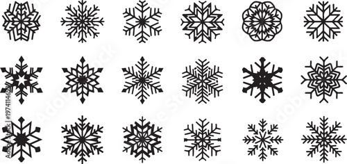Collection of unique black snowflakes on white background
