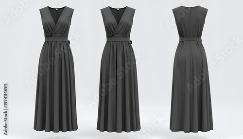 Three views of a dark grey sleeveless maxi dress, displayed on a white background