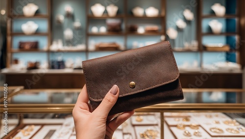 Hand holds a textured brown wallet in front of a blurred jewelry store display case featuring illuminated shelves filled with various elegant accessories