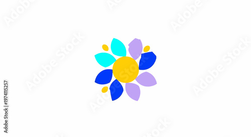 Colorful Abstract Flower Design with Petals and Yellow Center on White.