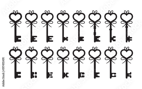 Decorative heart keys collection with diverse bit designs and elegant bows for craft and wedding stationery.