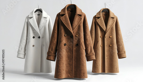 Three wool coats hang against a white background; varying shades and button styles