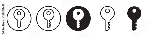 Standard key icons for security systems and locking mechanisms in various outline and solid graphic styles.
