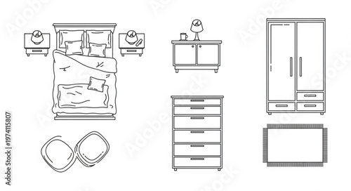 Bedroom Furniture Set - Bed, Nightstands, Dresser, Wardrobe, and Rug.