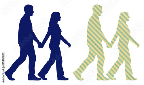 Two couples holding hands and walking together, representing partnership and unity.