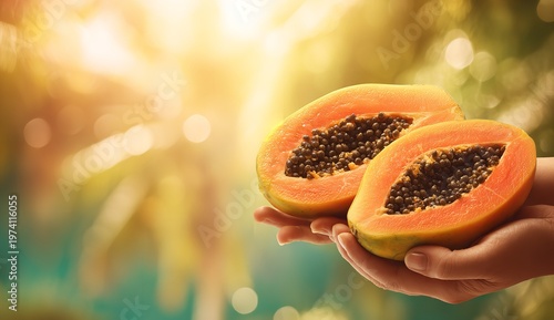 Two halves of a ripe tropical papaya with dark seeds and vibrant orange flesh are held in human hands against a soft blurred sunlit garden background