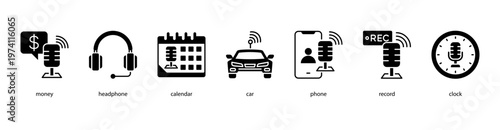 Podcast Essentials web banner icon vector illustration featuring money, headphone, calendar, car, phone, record, and clock for digital broadcasting and creative media.