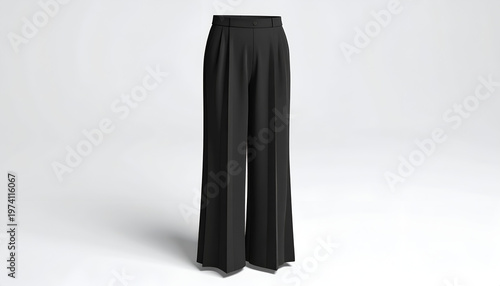 Black high-waisted, wide-leg trousers stand alone on a white background with soft shadows