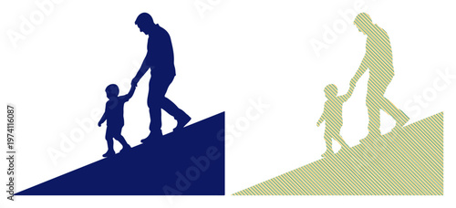 Father guiding child up a slope, symbolizing support and growth