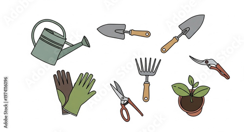 Gardening Tools Collection - Watering Can, Trowels, Rake, and More.