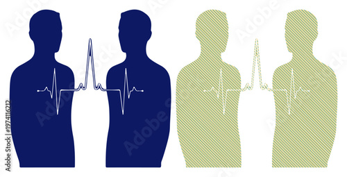 Two pairs of diverse people connected by a shared heartbeat, symbolizing unity and empathy.